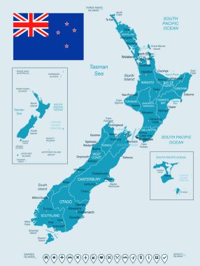 Yeni Zelanda - harita ve illüstrasyon bayrak