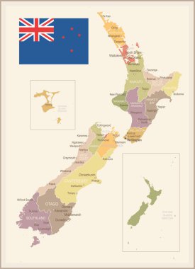 Yeni Zelanda - vintage harita ve bayrak - illüstrasyon