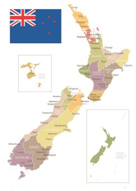 Yeni Zelanda - vintage harita ve bayrak - illüstrasyon