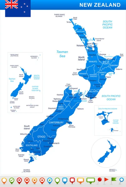 Nueva Zelanda - ilustración de mapa y bandera — Vector de stock