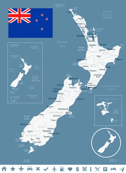 ニュージーランド - マップ、フラグの図 — ストックベクタ