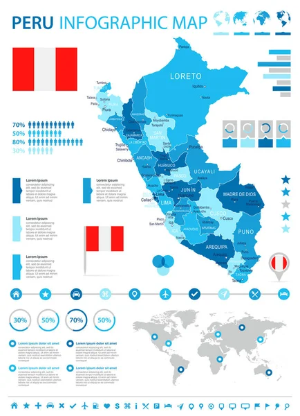 Perú - mapa infográfico y bandera - ilustración — Vector de stock
