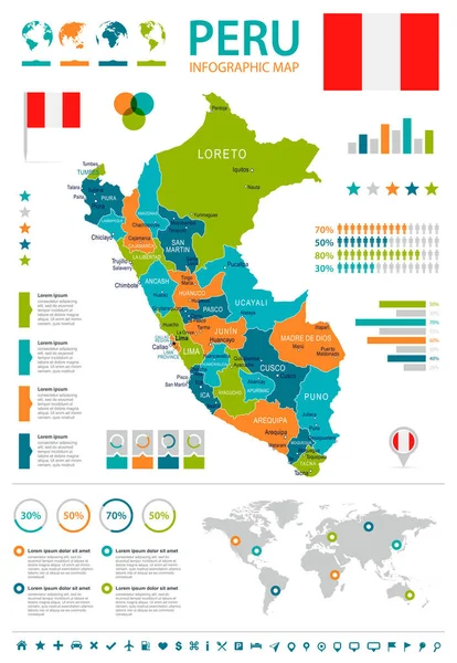 Pérou - carte infographique et drapeau - illustration — Image vectorielle
