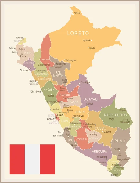 Perú - Mapa y bandera vintage - ilustración — Vector de stock