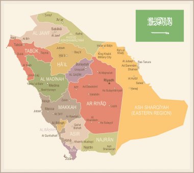 Suudi Arabistan - vintage harita ve bayrak - illüstrasyon