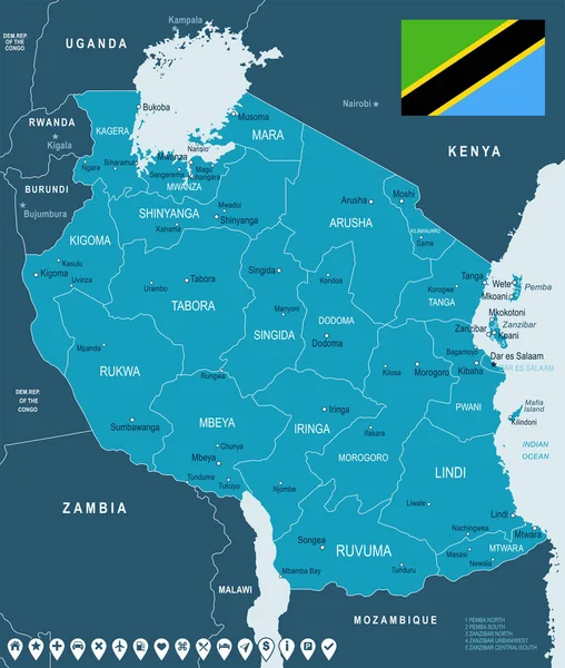 タンザニア - 地図し、イラストにフラグを設定 — ストックベクタ