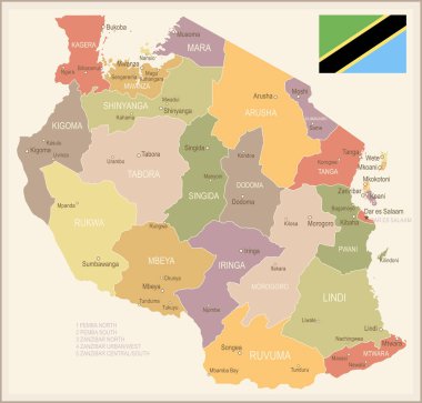 Tanzania - vintage map and flag - illustration clipart