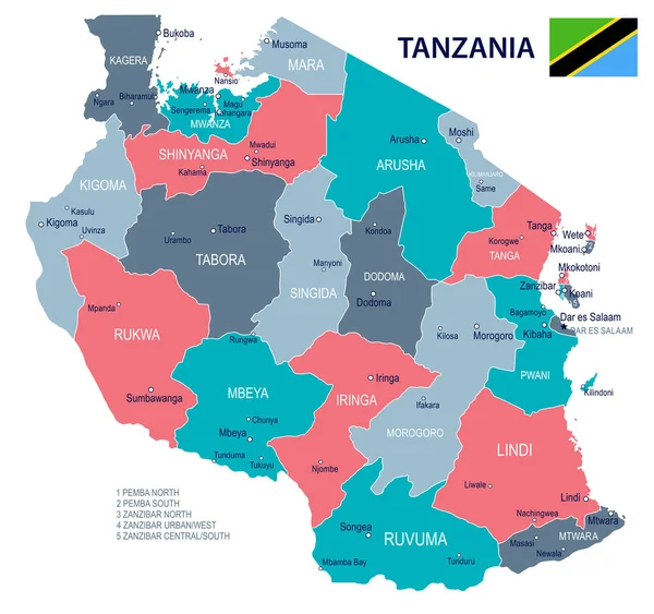 坦桑尼亚-映射和船旗图 — 图库矢量图片