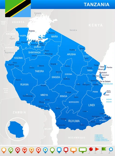 Tanzanya - harita ve illüstrasyon bayrak — Stok Vektör
