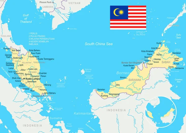 Malasia - mapa e ilustración de la bandera — Vector de stock