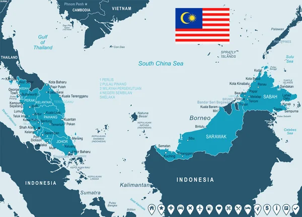 Malaisie - illustration de carte et drapeau — Image vectorielle