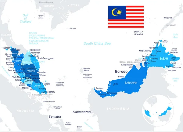Malásia - ilustração de mapa e bandeira — Vetor de Stock