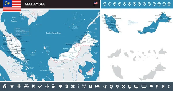 Malasia - mapa infográfico e ilustración de la bandera — Vector de stock