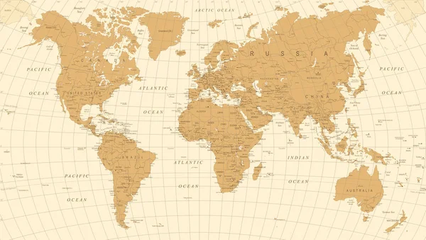 Weltkarte Jahrgangsvektor. Detaillierte Abbildung der Weltkarte — Stockvektor
