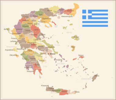 Yunanistan - vintage harita ve bayrak - illüstrasyon