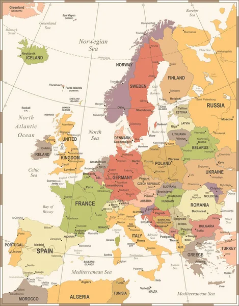 Carte d'Europe - Illustration vectorielle vintage — Image vectorielle