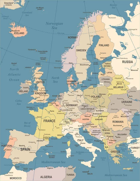 Χάρτης Ευρώπης - εκλεκτής ποιότητας διανυσματικά εικονογράφηση — Διανυσματικό Αρχείο