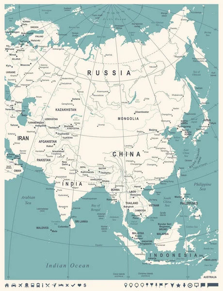 Карта Азии - Винтажные векторные иллюстрации — стоковый вектор