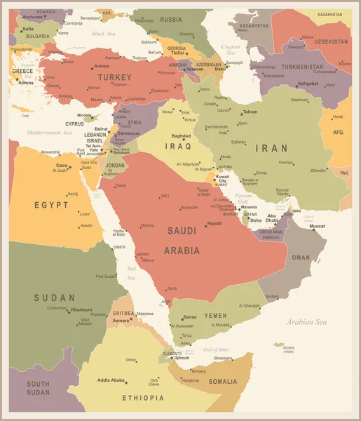 Middle East Map - Vintage Vector Illustration — Stock Vector