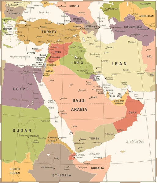 中東の地図 - ビンテージ ベクトル図 — ストックベクタ