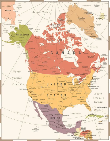 Карта Северной Америки - Винтажные векторные иллюстрации — стоковый вектор