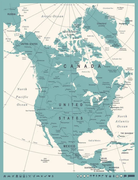 北アメリカ地図 - ビンテージ ベクトル図 — ストックベクタ