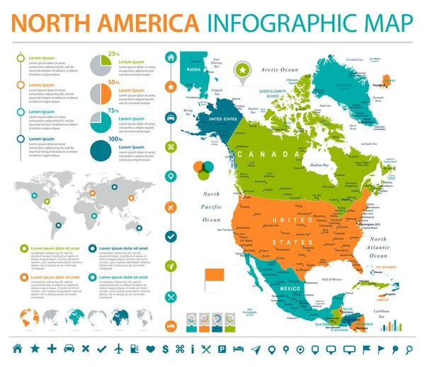Βόρεια Αμερική Χάρτης - Info γραφικών Vector εικονογράφηση — Διανυσματικό Αρχείο