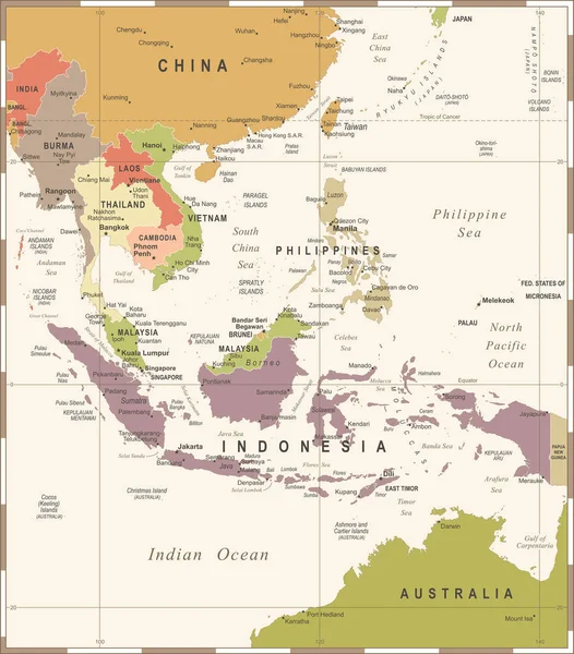 Südostasienkarte - Jahrgangsvektorillustration — Stockvektor