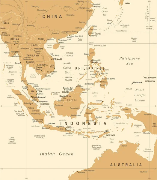 Peta Asia Tenggara - Ilustrasi Vektor Vintage - Stok Vektor
