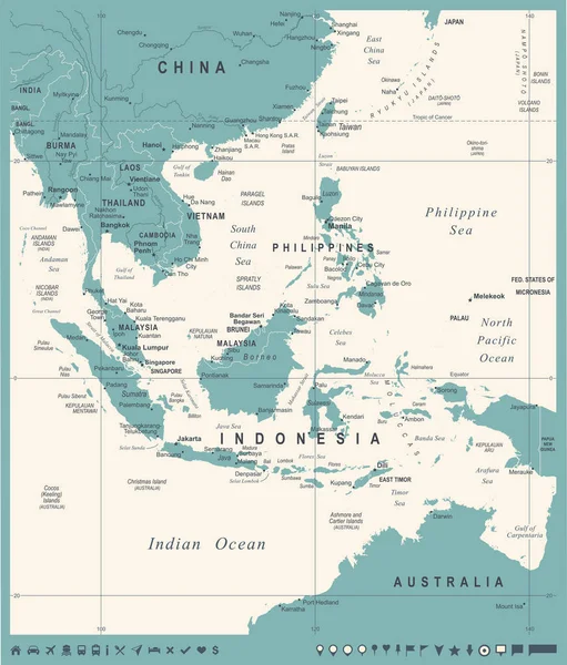 Sydøstasien kort Vintage vektor illustration – Stock-vektor