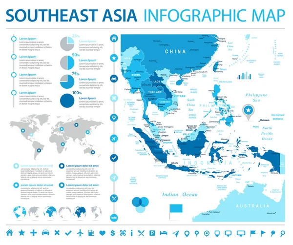 Νοτιοανατολική Ασία Χάρτης - Info γραφικών Vector εικονογράφηση — Διανυσματικό Αρχείο