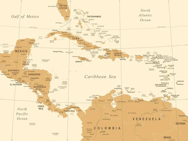 中央アメリカ地図 - ビンテージ ベクトル図 — ストックベクタ