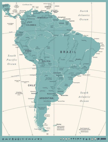 Dél-Amerika Térkép - Vintage vektoros illusztráció — Stock Vector