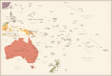 Avustralya ve Oceania harita - Vintage vektör çizim
