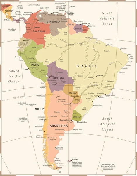 Mapa de América del Sur - Ilustración vectorial vintage — Vector de stock