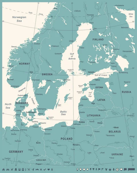Карта региона Балтийского моря - Винтажные векторные иллюстрации — стоковый вектор