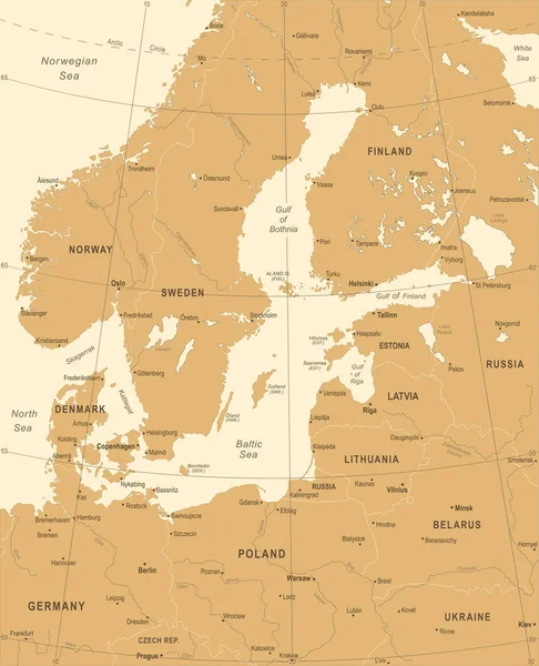 Mappa dell'area del Mar Baltico - Illustrazione vettoriale vintage — Vettoriale Stock