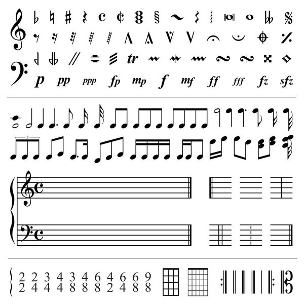 Музыкальные ноты и символы - векторная иллюстрация
