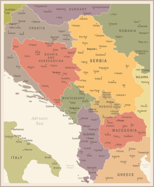 Merkez Balkan harita - Vintage vektör çizim