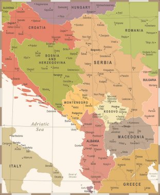 Merkez Balkan harita - Vintage vektör çizim