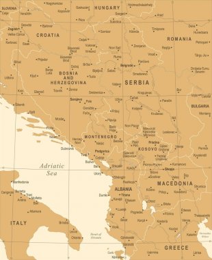 Merkez Balkan harita - Vintage vektör çizim