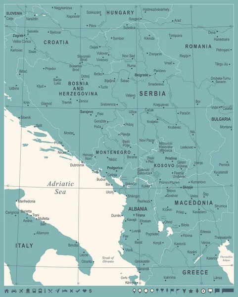 Merkez Balkan harita - Vintage vektör çizim