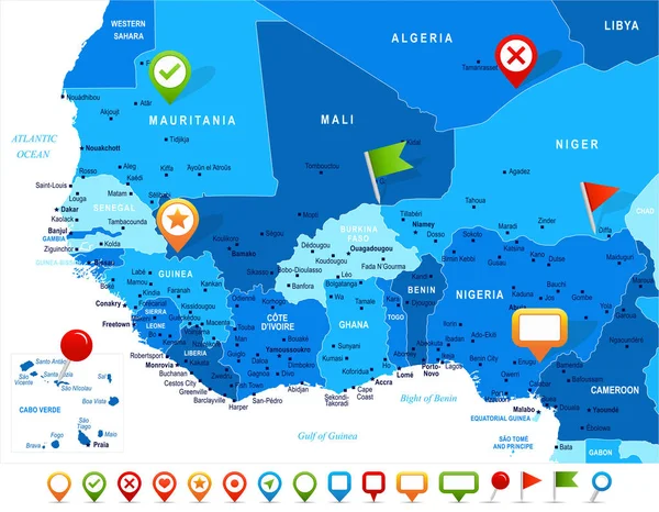 Mapa Afryki Zachodniej - ilustracja wektorowa — Wektor stockowy