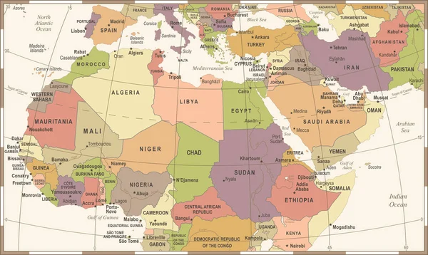 Highly detailed political map of Northern Africa and the Middle — Stock