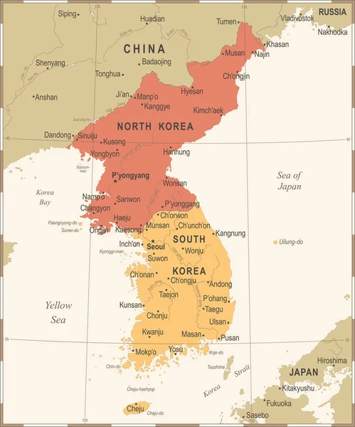 Korean Peninsula Map - Vintage Vector Illustration — Stock Vector