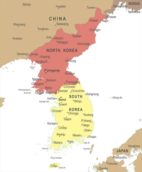 Mapa da península coreana - Ilustração vetorial —  Vetores de Stock