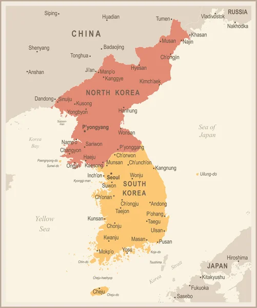 Mapa de la Península de Corea - Ilustración vectorial Vintage — Vector de stock