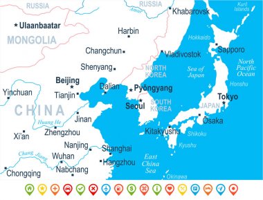 Kuzey Kore Güney Kore Japonya Çin Rusya Moğolistan Haritası - vektörel çizim