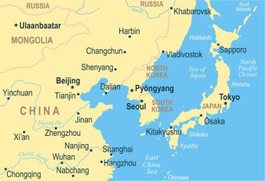 Kuzey Kore Güney Kore Japonya Çin Rusya Moğolistan Haritası - vektörel çizim