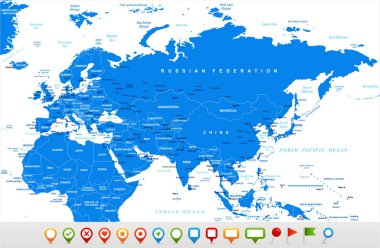 Eurasia Europa Rusya Çin Hindistan Endonezya Tayland Afrika harita - vektör çizim